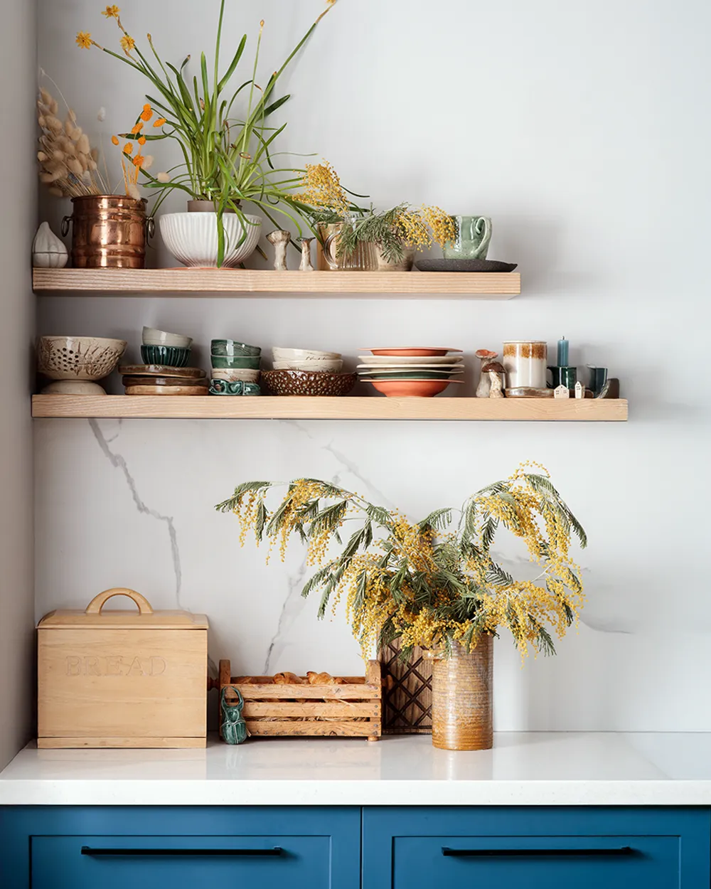 Styled kitchen shelves in a House & Heritage property